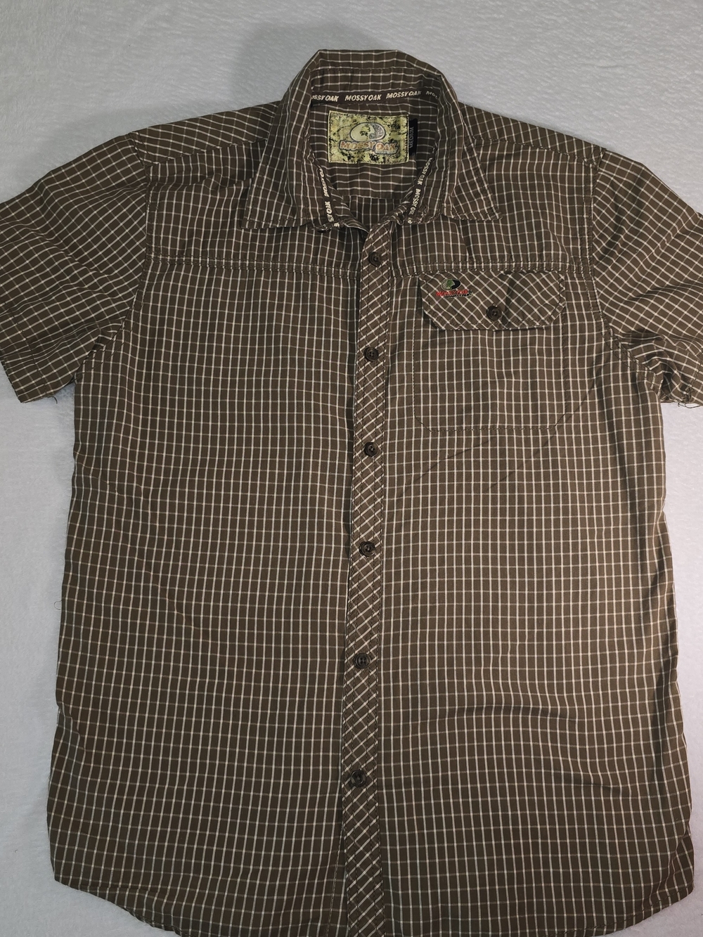 Mossy Oak Short Sleeve Button Up Plaid Brown And White Mens Shirt Size  M